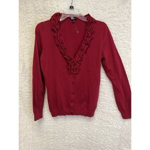 TALBOTS Womens Cardigan Sweater L‎ Ruffle Neck Red Button Front Classic Preppy
